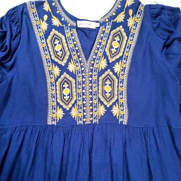 Solitaire Embroidered Tunic Dress Womens Blue Floral BOHO 3/4 Sleeve Size Large - Picture 2 of 11